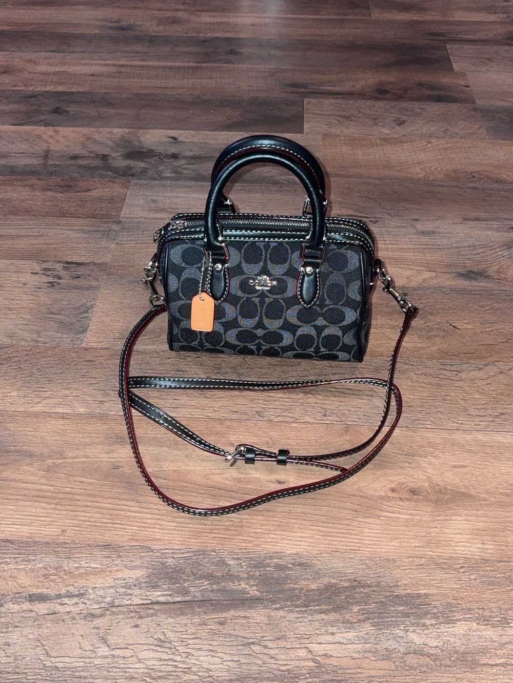 Coach Black Signature Mini Satchel with Orange Tag